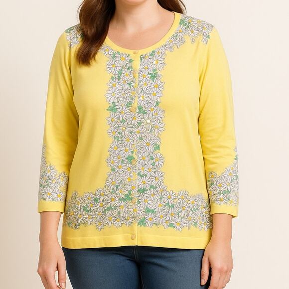 Talbots Daisy Floral Cardigan XL Women Yellow 3/4 Sleeve Button‑Front - Picture 1 of 9